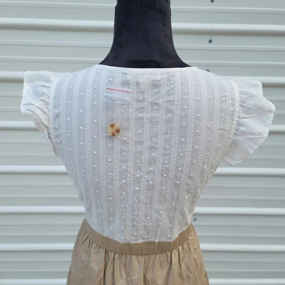 Mine Flutter Sleeve Button Down White Tan A-Lind Mini Dress Cap Sleeve Sz Large - Picture 3 of 10